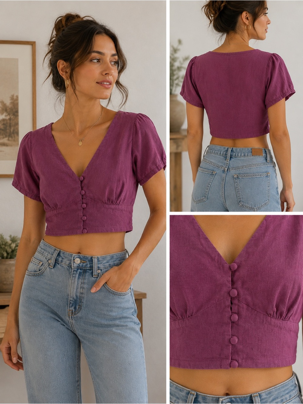 La Hearts Plum Button-Front Cropped Top